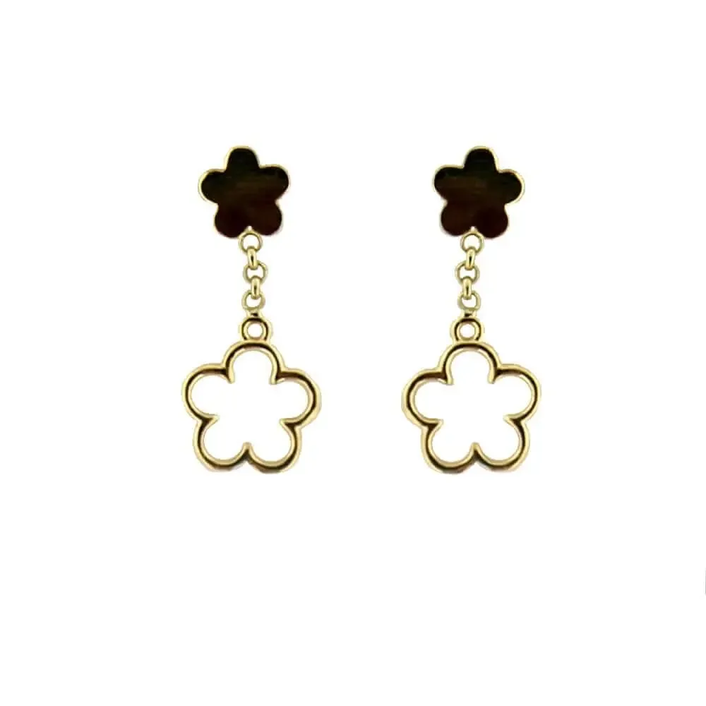 18K Yellow Gold Flower Post with Flower Outline Dangle