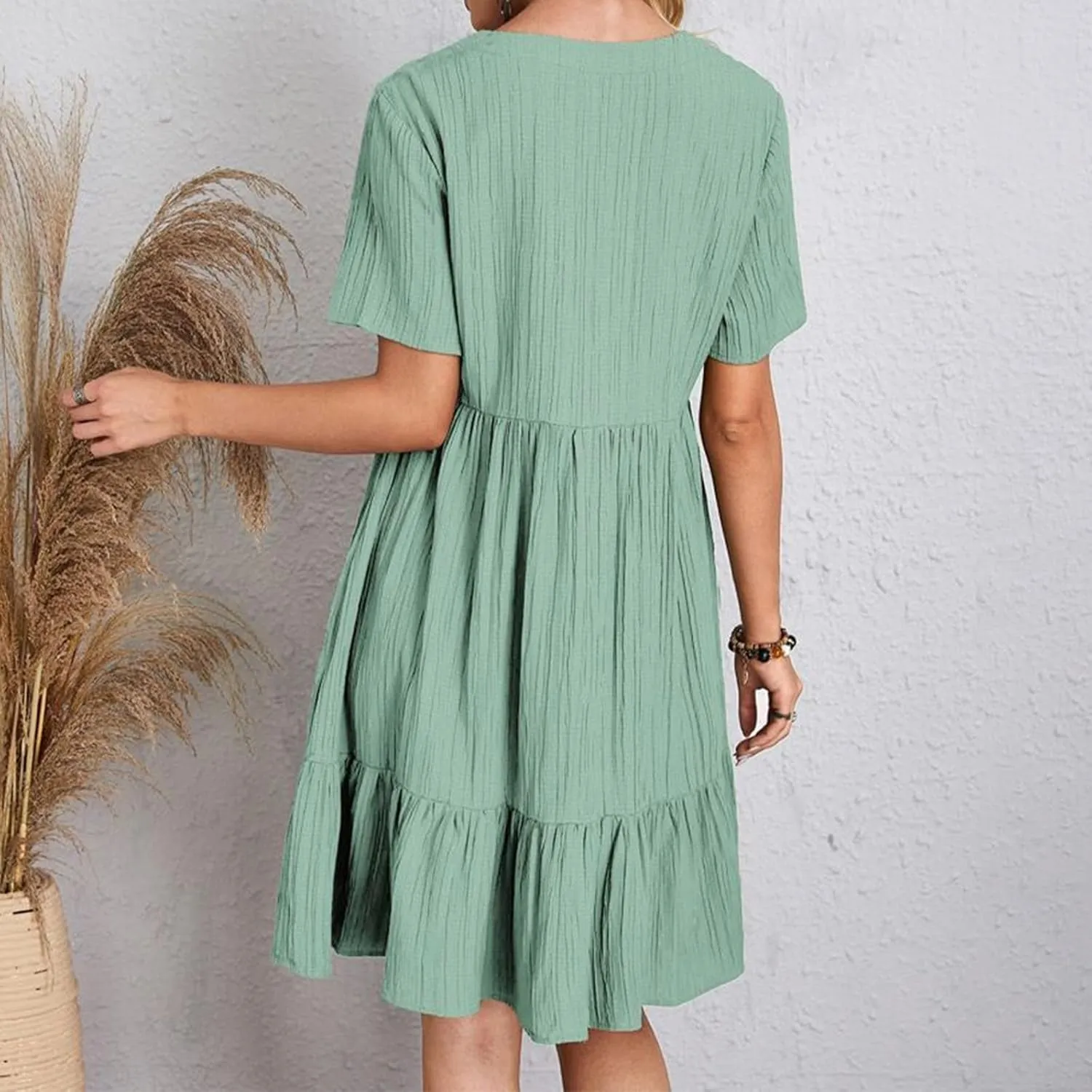 2025 Spring Dresses Women Casual Boho Petite Midi T Shirt Dresses Summer Short Sleeve V Neck Ruffle Hem Tiered Dress