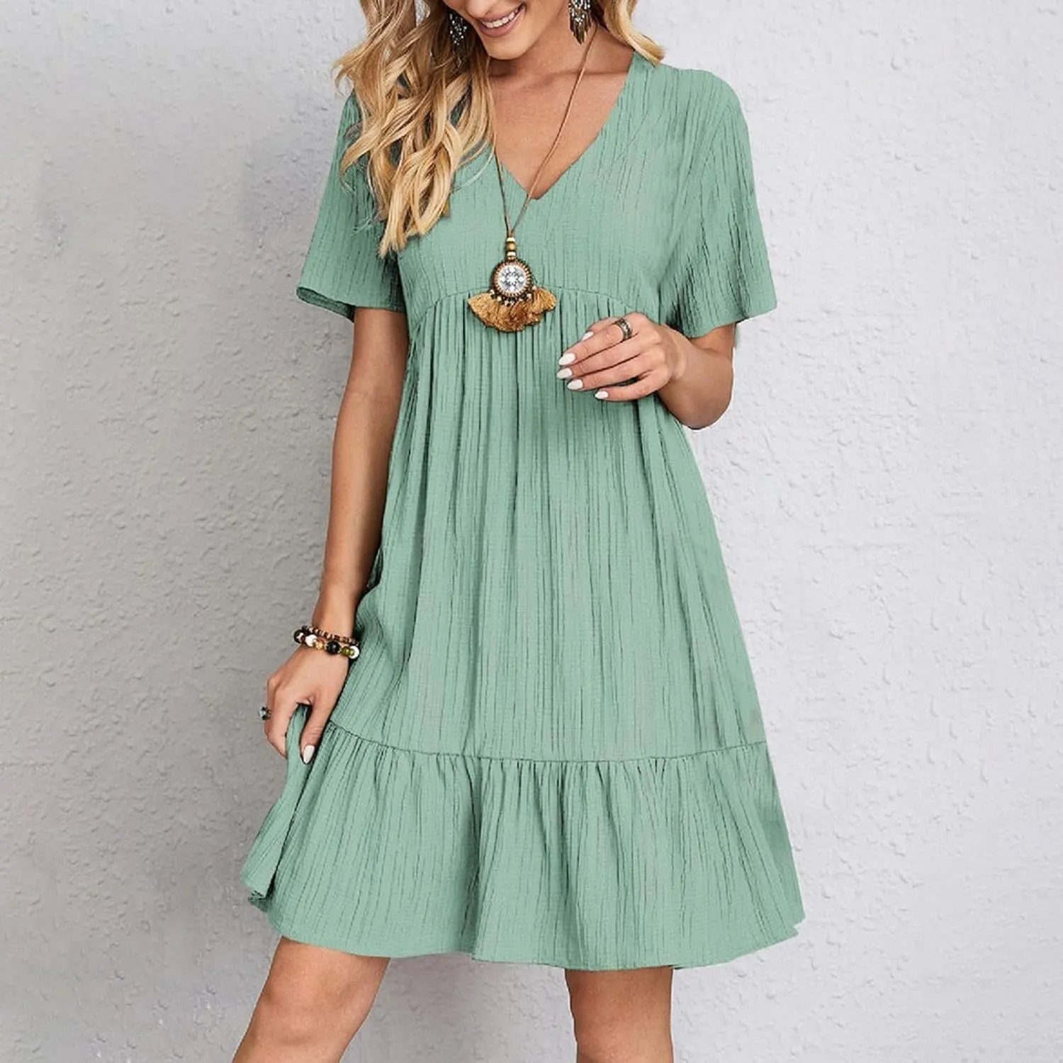 2025 Spring Dresses Women Casual Boho Petite Midi T Shirt Dresses Summer Short Sleeve V Neck Ruffle Hem Tiered Dress