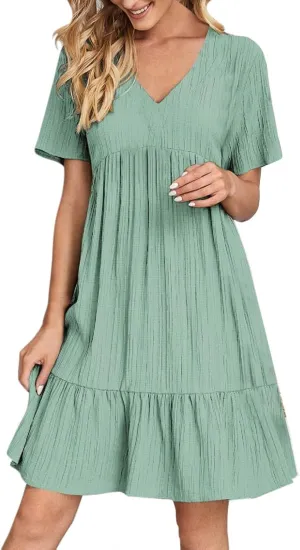 2025 Spring Dresses Women Casual Boho Petite Midi T Shirt Dresses Summer Short Sleeve V Neck Ruffle Hem Tiered Dress
