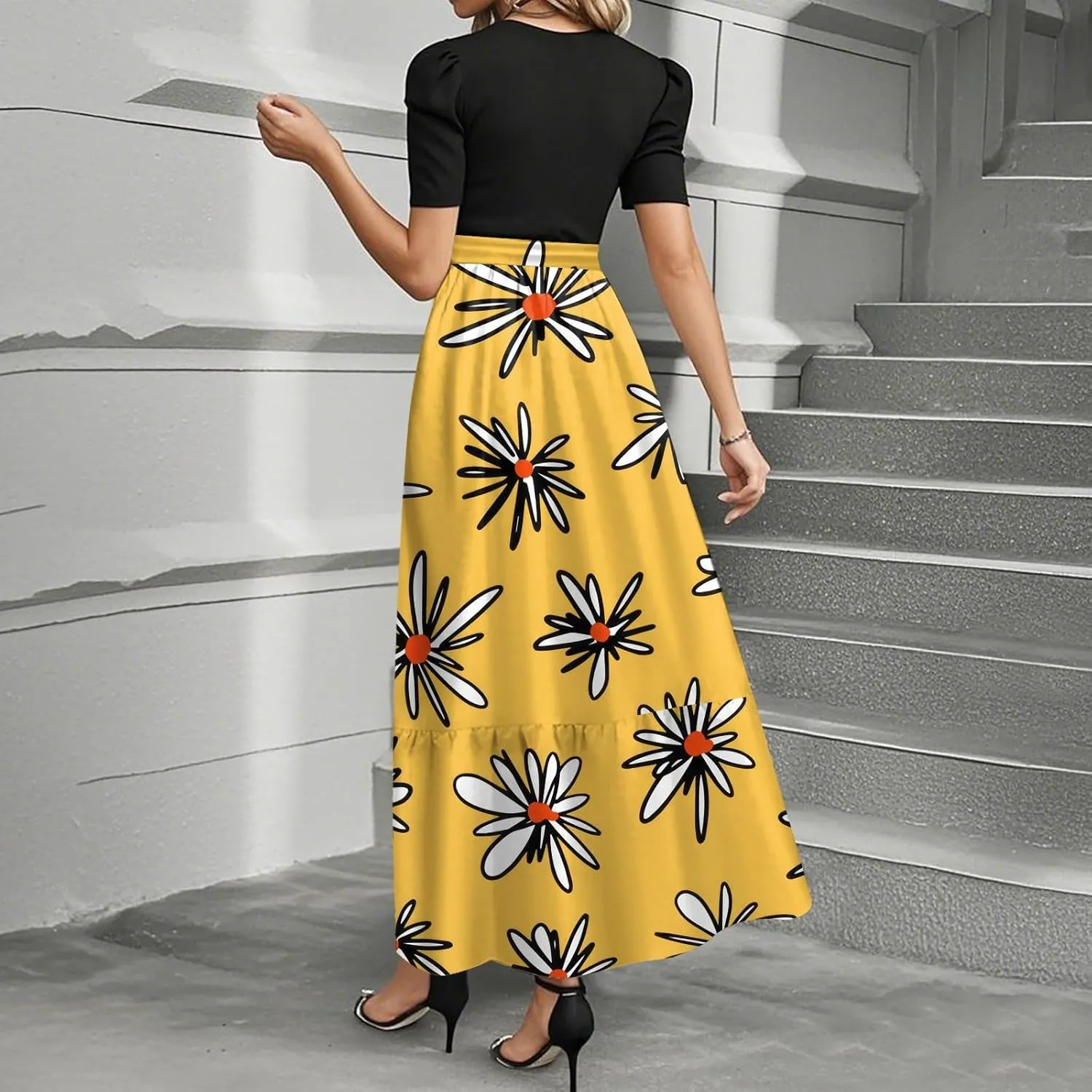 2025 Trendy Womens Dresses, Beach Flower Print Maxi Womens Jumpsuit Boho Bow Crew Neck Rompers for Women