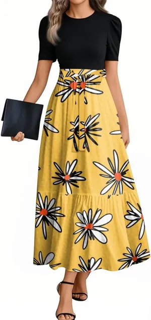 2025 Trendy Womens Dresses, Beach Flower Print Maxi Womens Jumpsuit Boho Bow Crew Neck Rompers for Women