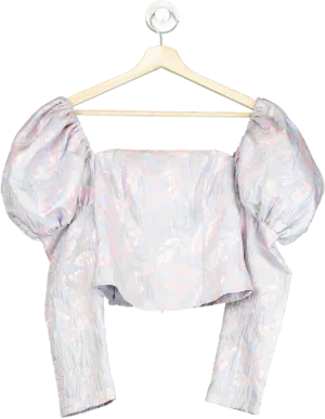 ab’itu Pink and Blue Brocade Puff Sleeve Blouse UK S
