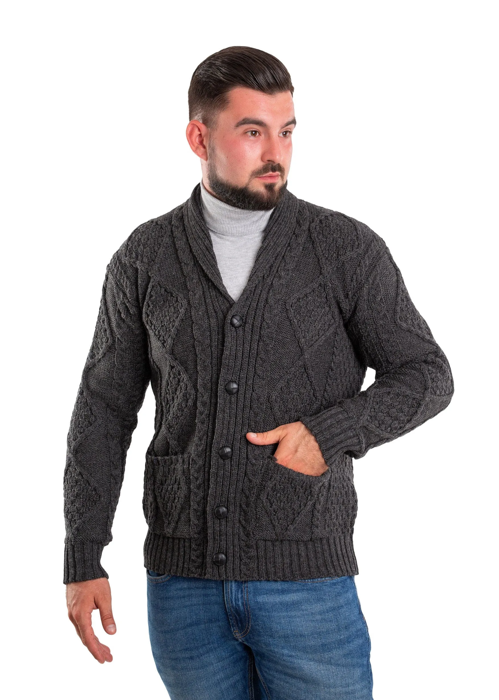 Aran Men's Shawl Button Cardigan | Charcoal
