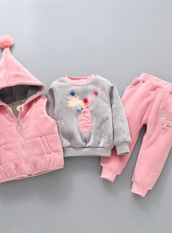 Autumn Warm Hooded 3PCS Vest Long Sleeves pants