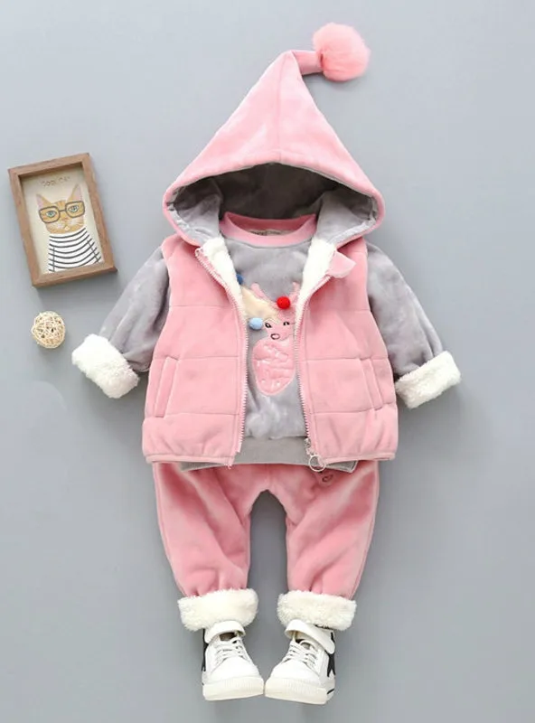 Autumn Warm Hooded 3PCS Vest Long Sleeves pants