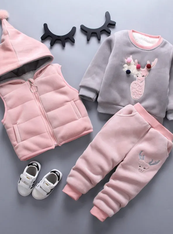 Autumn Warm Hooded 3PCS Vest Long Sleeves pants