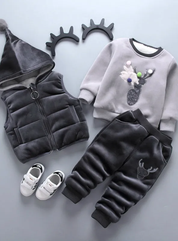 Autumn Warm Hooded 3PCS Vest Long Sleeves pants