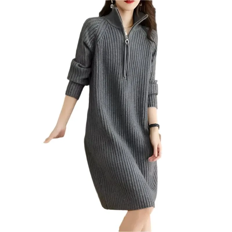 Autumn/Winter Medium Length Half Zipper  Loose Casual Long Sleeve Trendy Knitted Dress