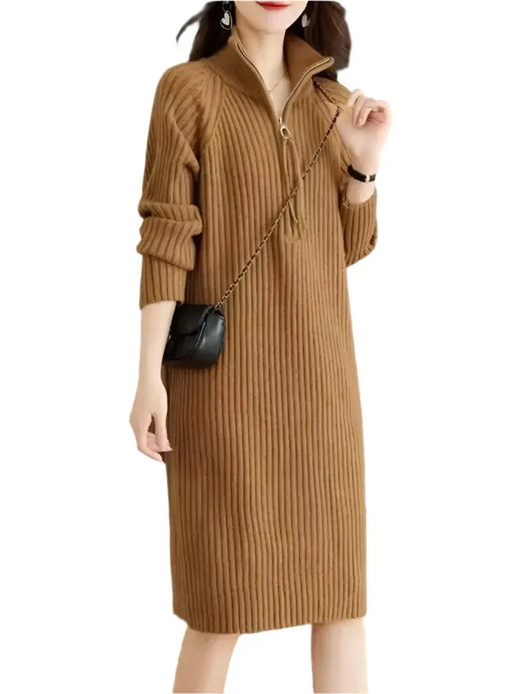 Autumn/Winter Medium Length Half Zipper  Loose Casual Long Sleeve Trendy Knitted Dress