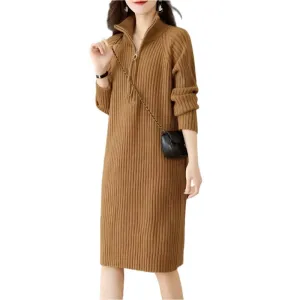 Autumn/Winter Medium Length Half Zipper  Loose Casual Long Sleeve Trendy Knitted Dress
