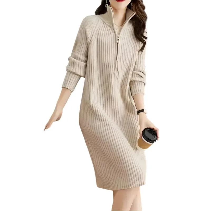 Autumn/Winter Medium Length Half Zipper  Loose Casual Long Sleeve Trendy Knitted Dress