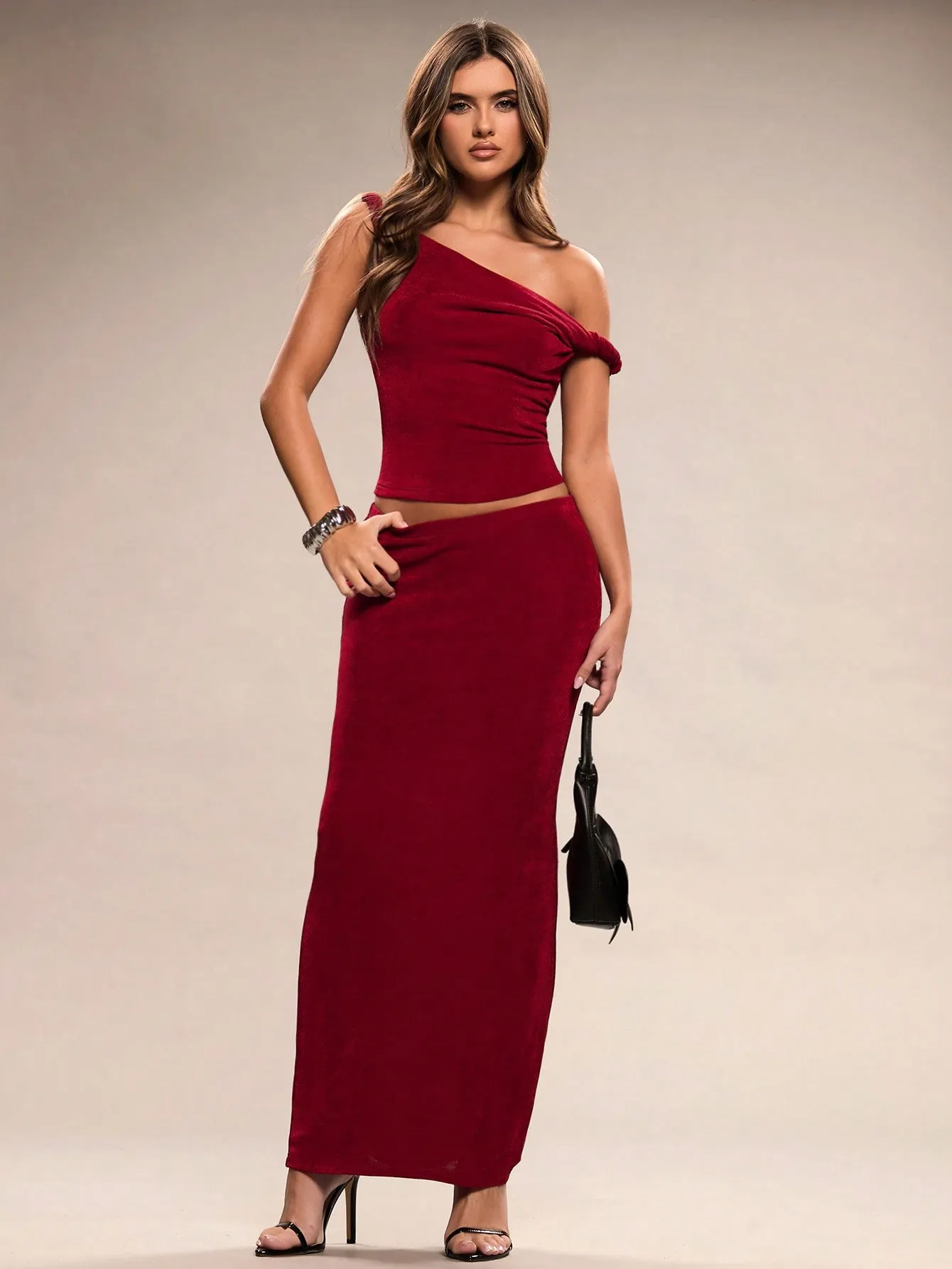 BAE Women's Elegant Holiday Burgundy Off-Shoulder Knot Design Knitted Two-Piece Suit Beach Outfit