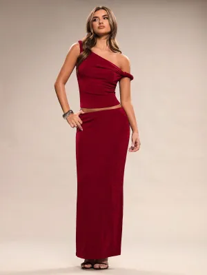 BAE Women's Elegant Holiday Burgundy Off-Shoulder Knot Design Knitted Two-Piece Suit Beach Outfit