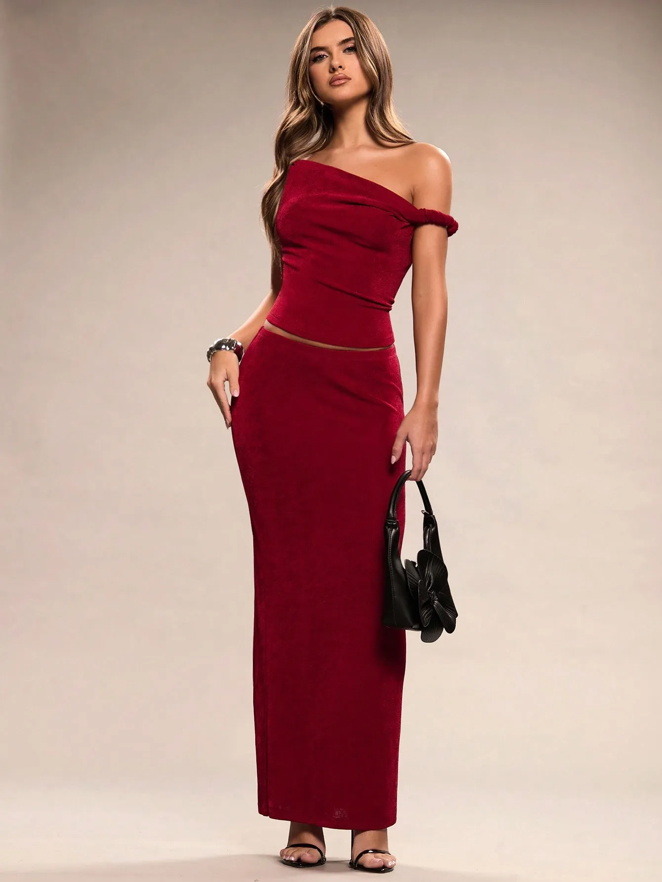 BAE Women's Elegant Holiday Burgundy Off-Shoulder Knot Design Knitted Two-Piece Suit Beach Outfit