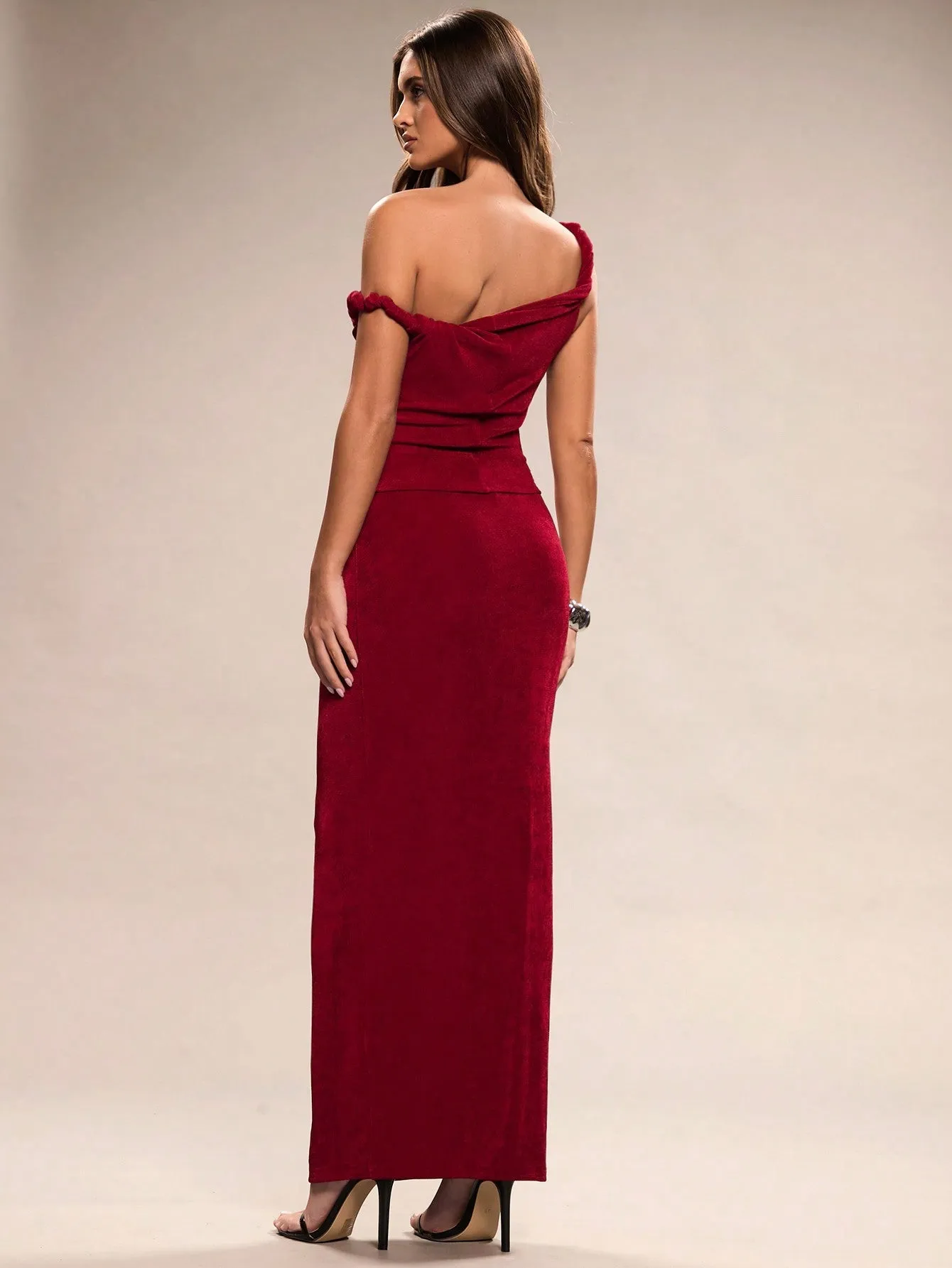 BAE Women's Elegant Holiday Burgundy Off-Shoulder Knot Design Knitted Two-Piece Suit Beach Outfit