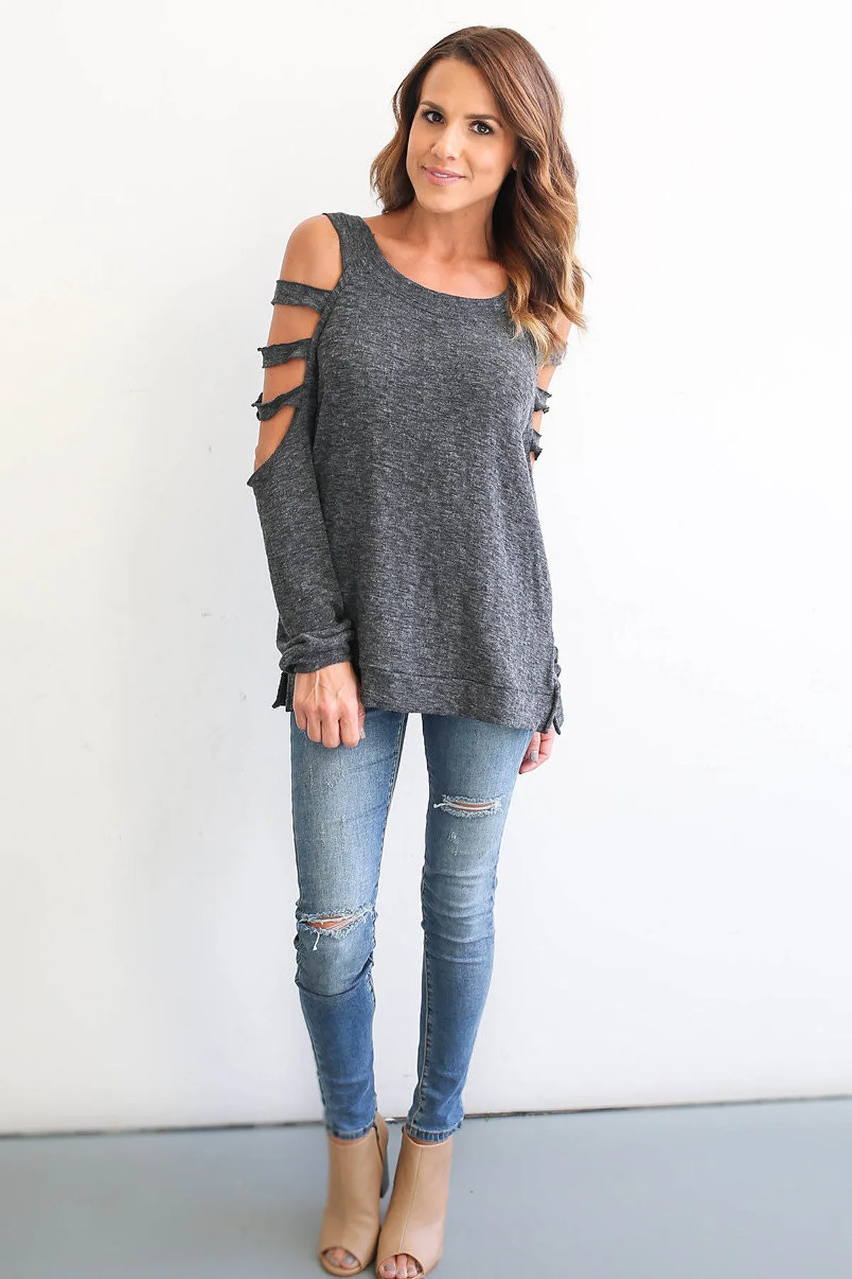 Bear Shoulder Pure Color Hollow Out Long Sleeves T-shirt