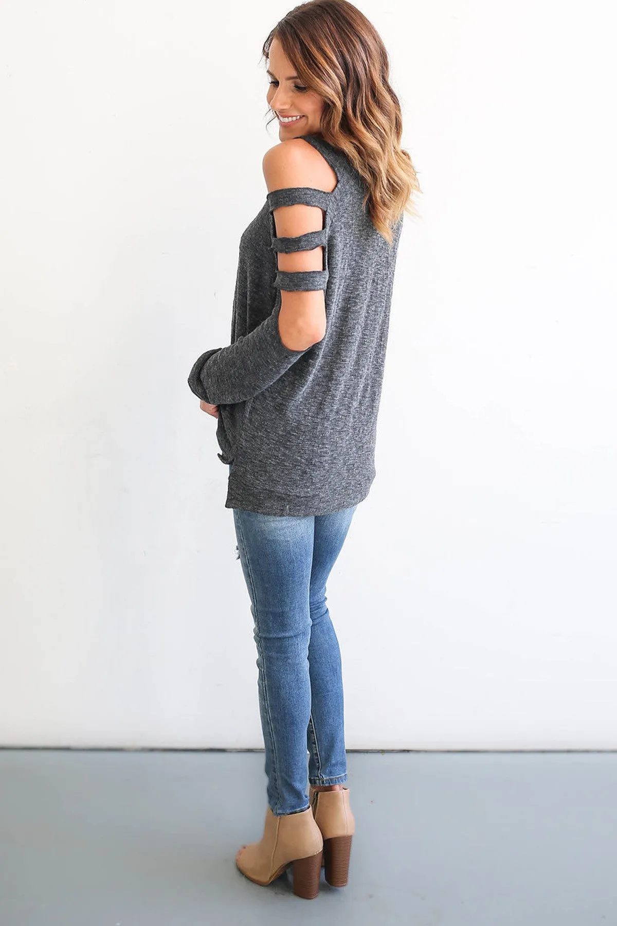 Bear Shoulder Pure Color Hollow Out Long Sleeves T-shirt
