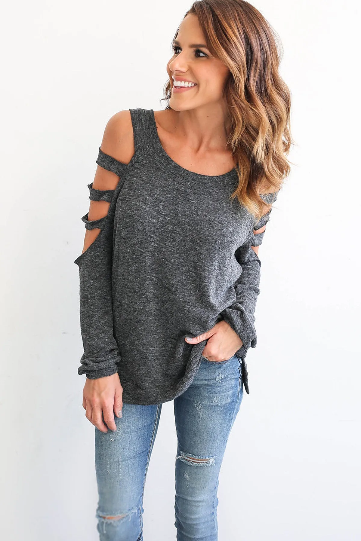 Bear Shoulder Pure Color Hollow Out Long Sleeves T-shirt