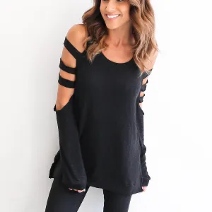 Bear Shoulder Pure Color Hollow Out Long Sleeves T-shirt