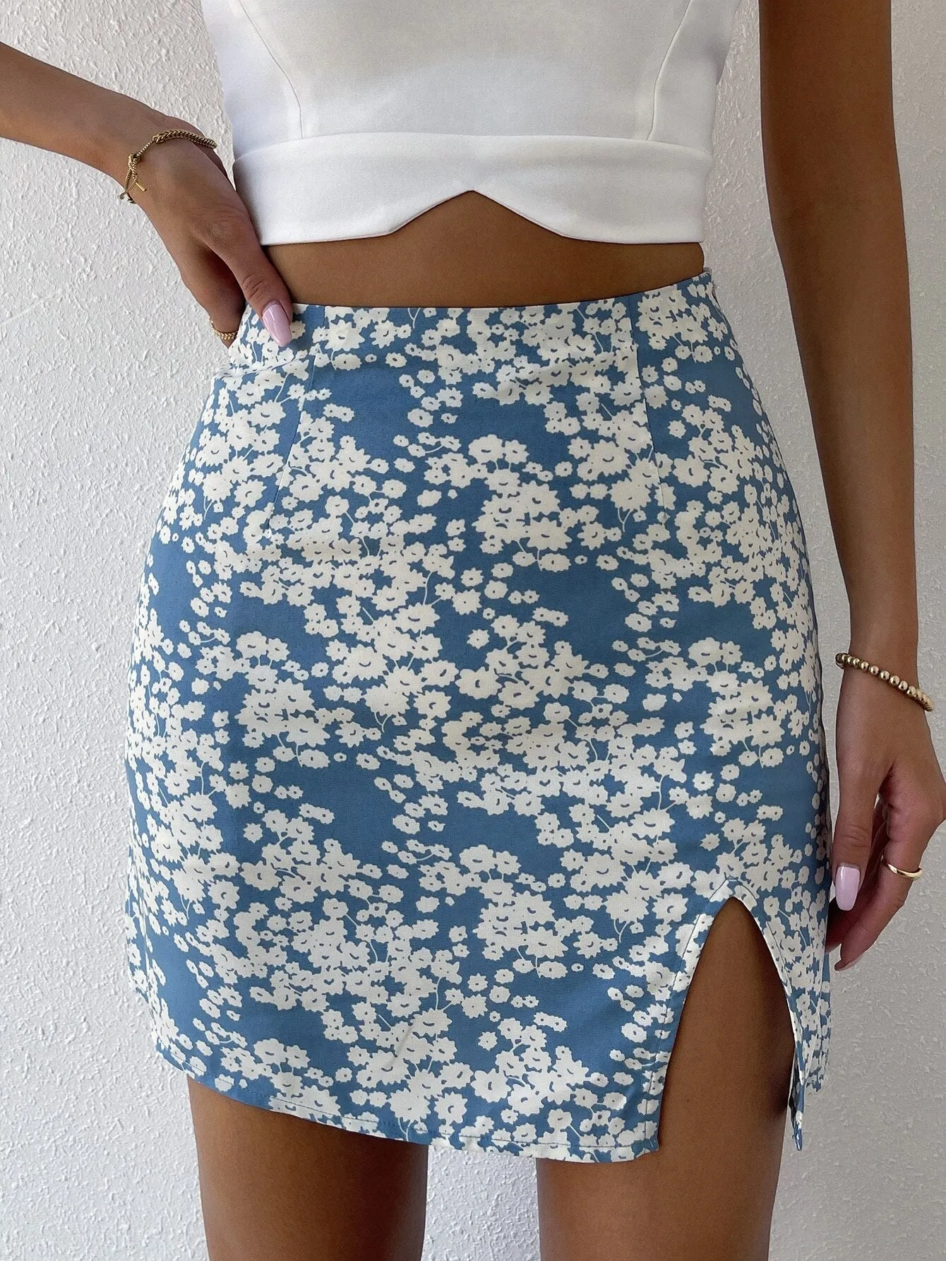 BerriesJam - Floral Print High Waist Split Multicolor Straight Mini Skirt