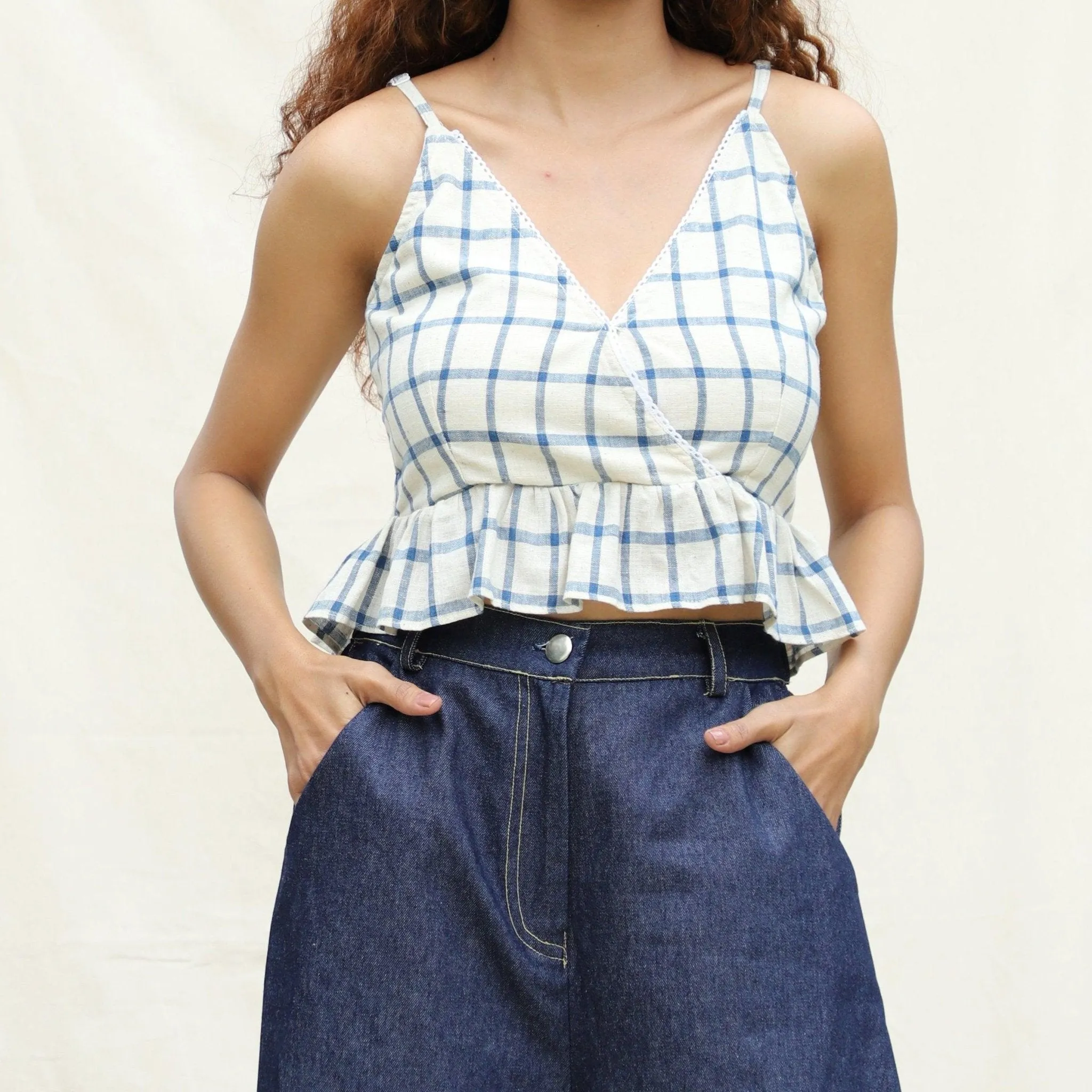 Blue and Off-White Checks Vegetable Dyed Cotton Peplum Wrap Top