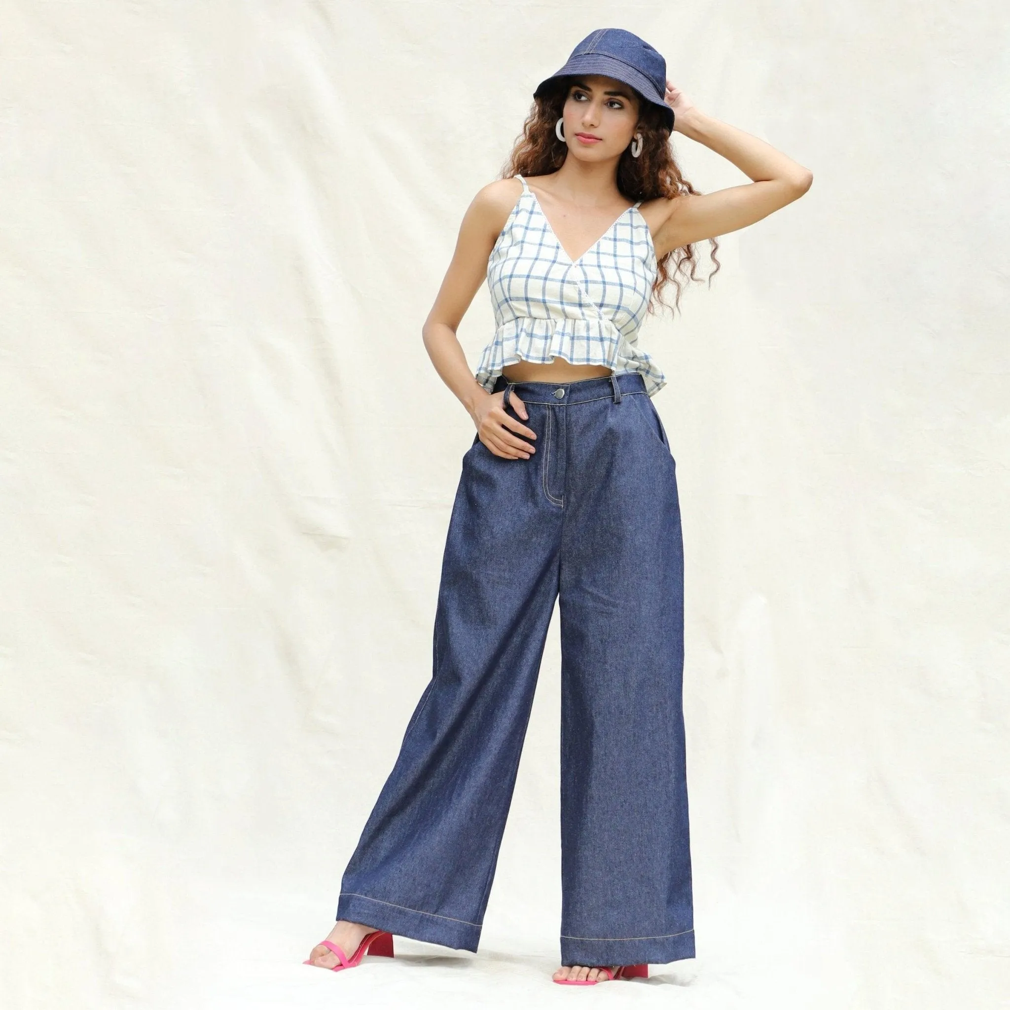 Blue and Off-White Checks Vegetable Dyed Cotton Peplum Wrap Top