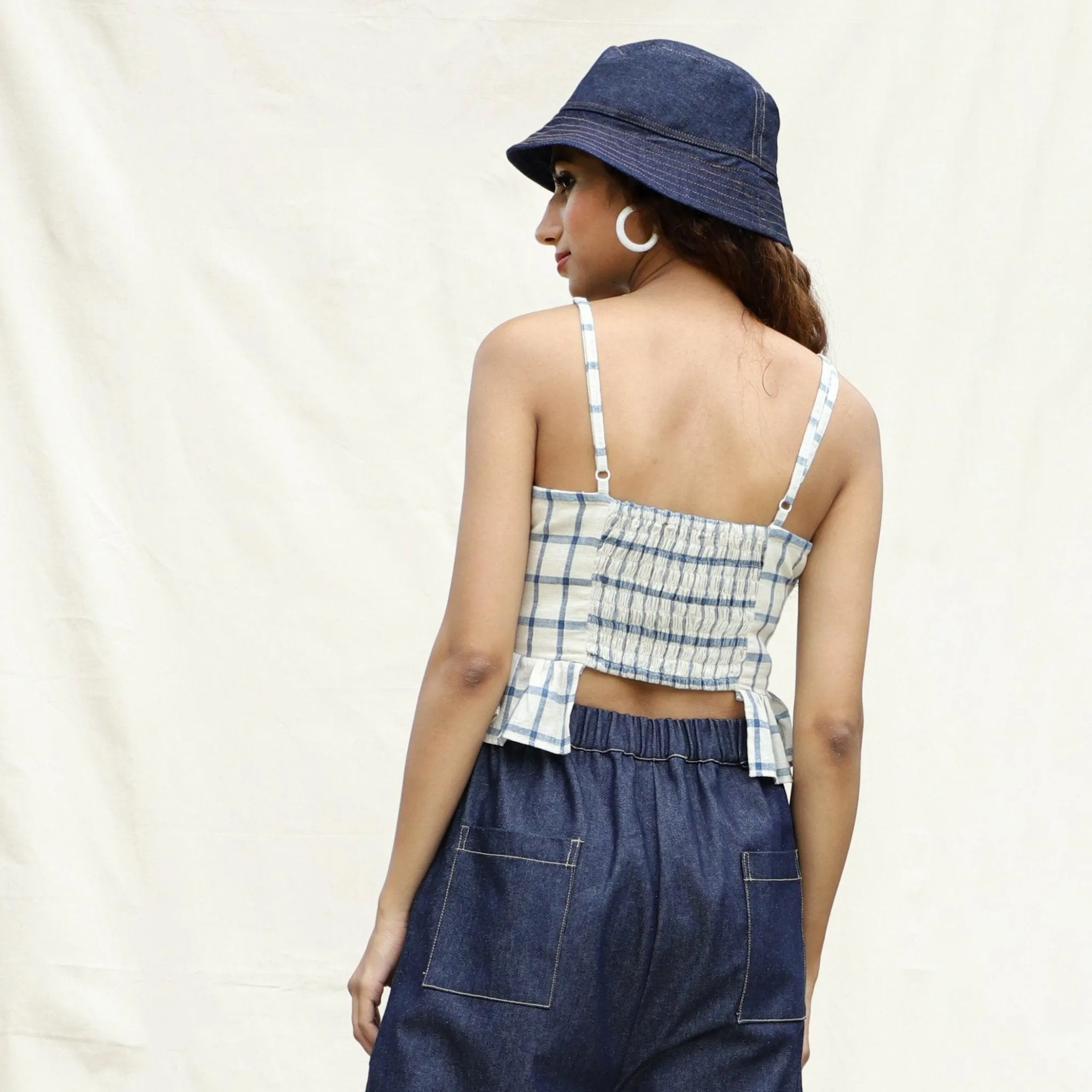 Blue and Off-White Checks Vegetable Dyed Cotton Peplum Wrap Top