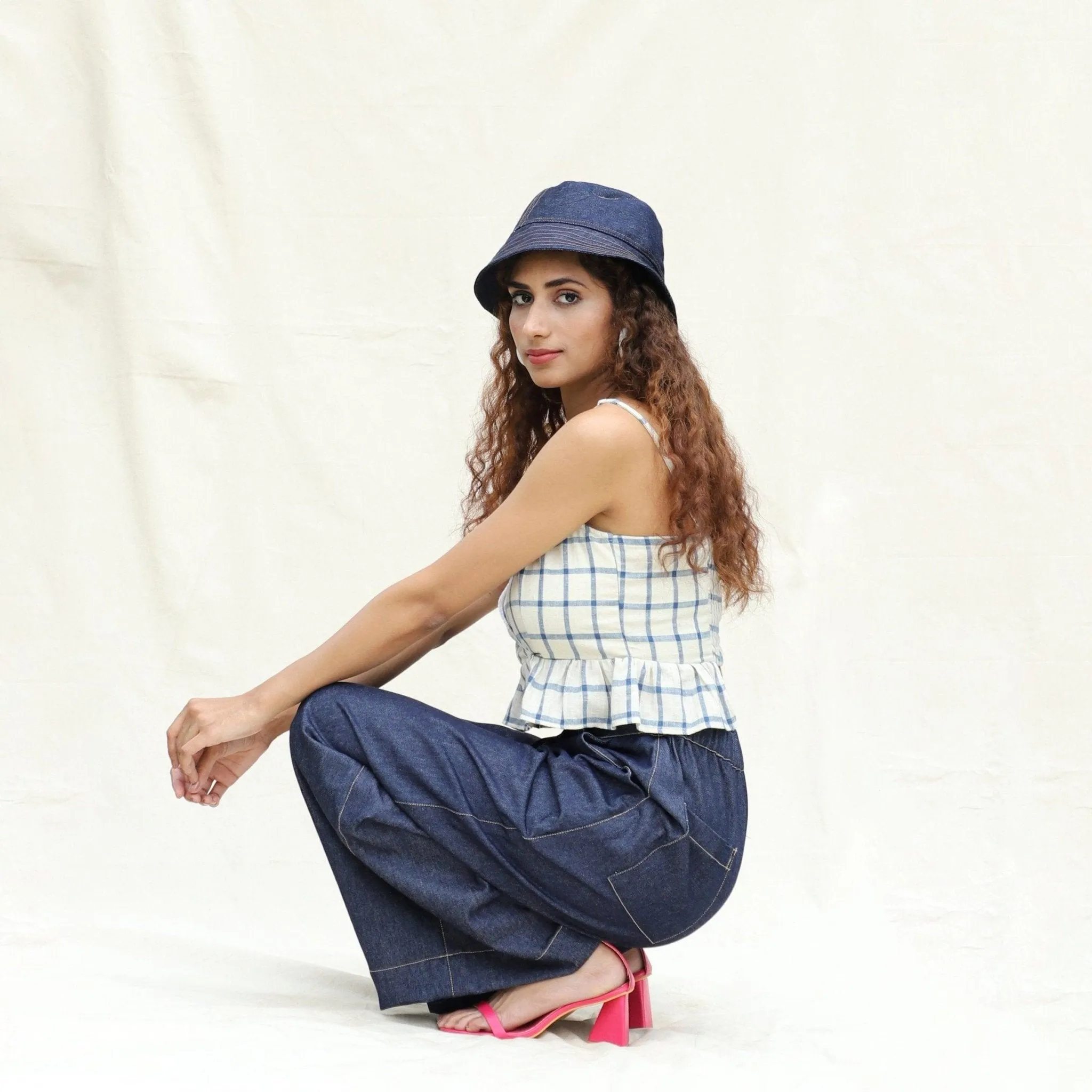Blue and Off-White Checks Vegetable Dyed Cotton Peplum Wrap Top