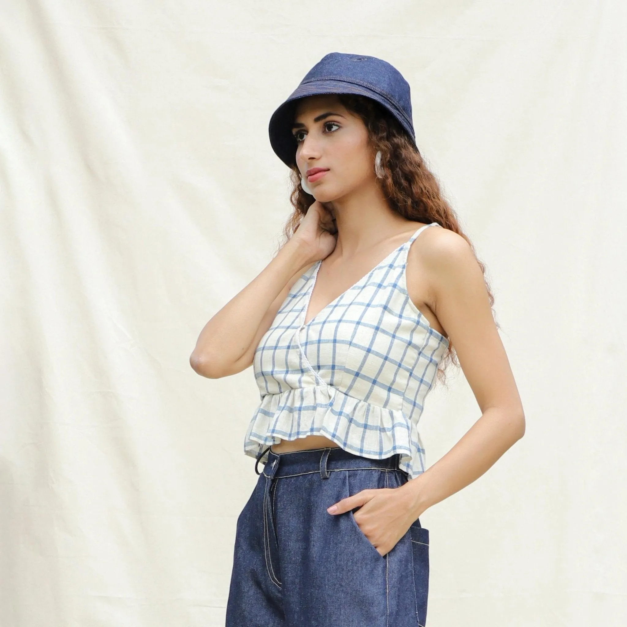 Blue and Off-White Checks Vegetable Dyed Cotton Peplum Wrap Top