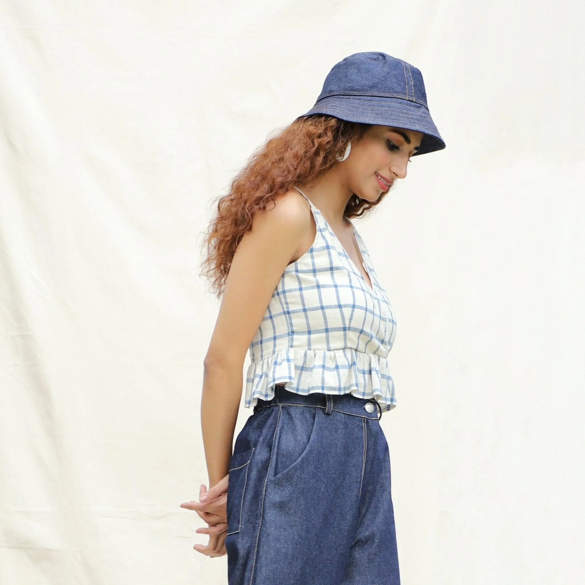 Blue and Off-White Checks Vegetable Dyed Cotton Peplum Wrap Top