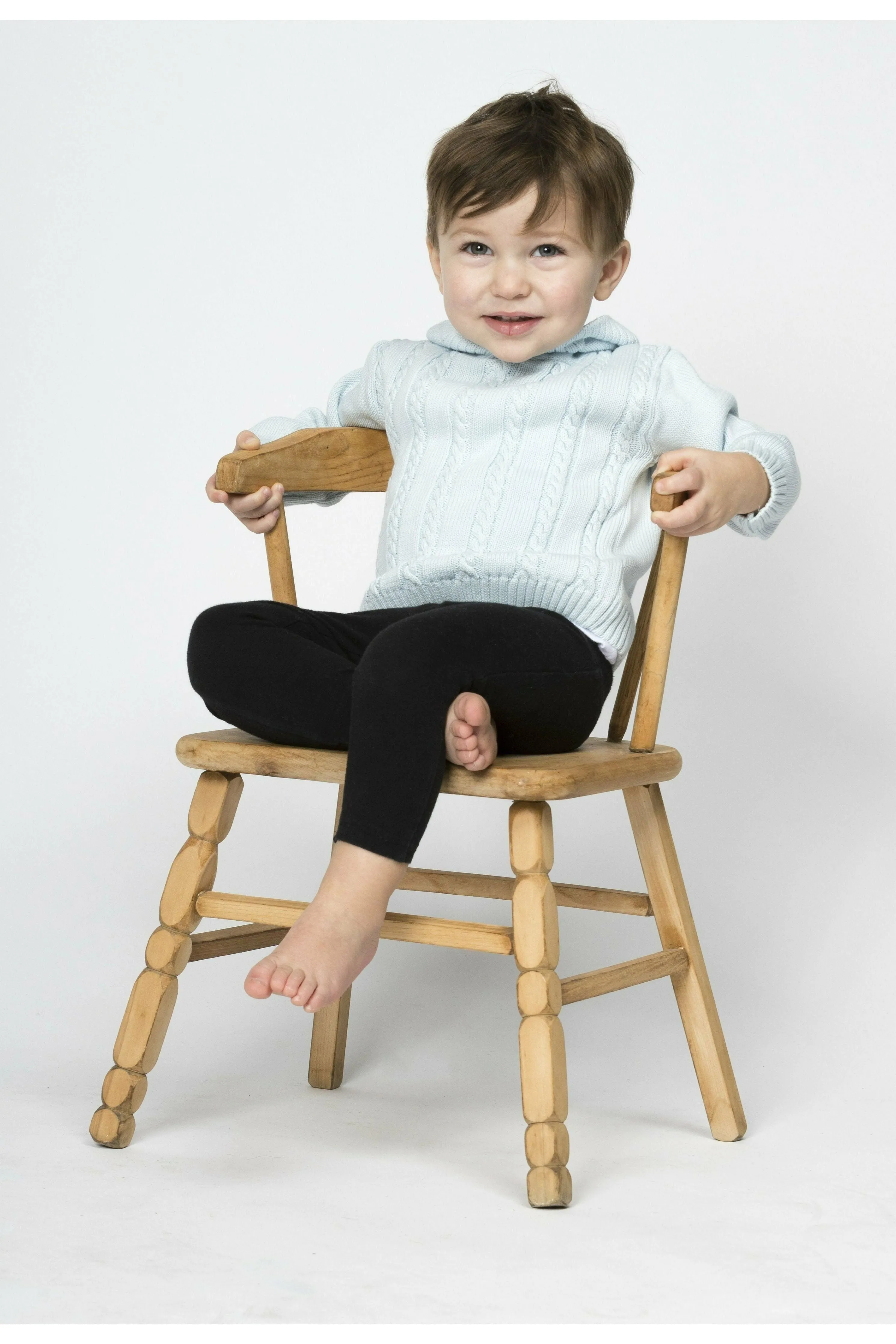 Blue Cable Knit Monogram Hooded Zip Back Sweater