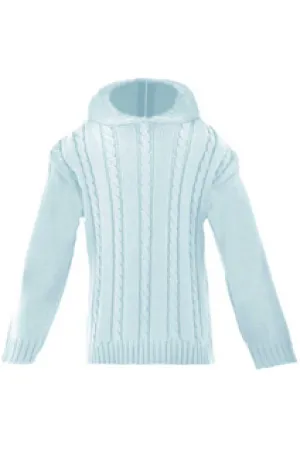Blue Cable Knit Monogram Hooded Zip Back Sweater