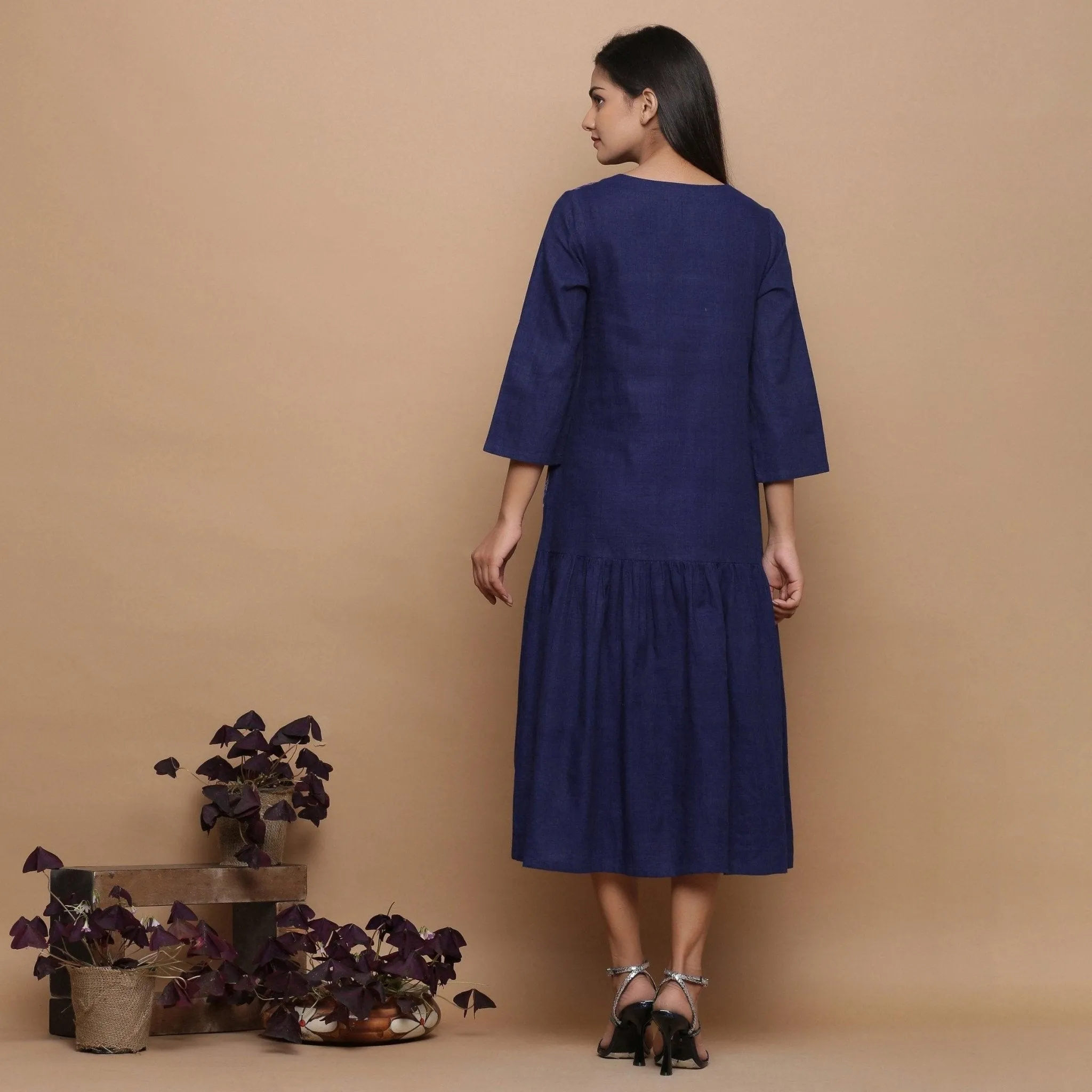 Blue Ikat Cotton Muslin Princess Line Midi Dress