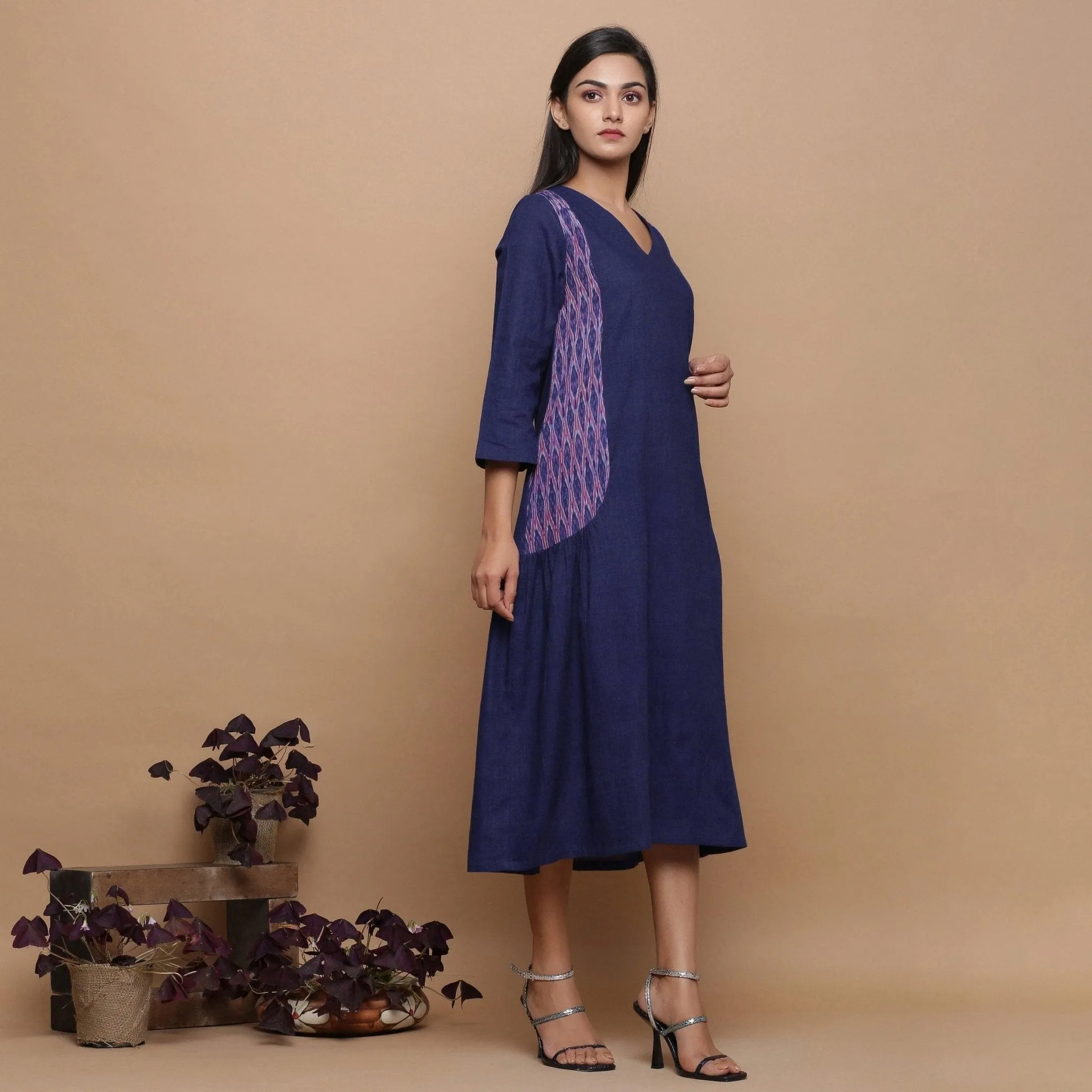 Blue Ikat Cotton Muslin Princess Line Midi Dress