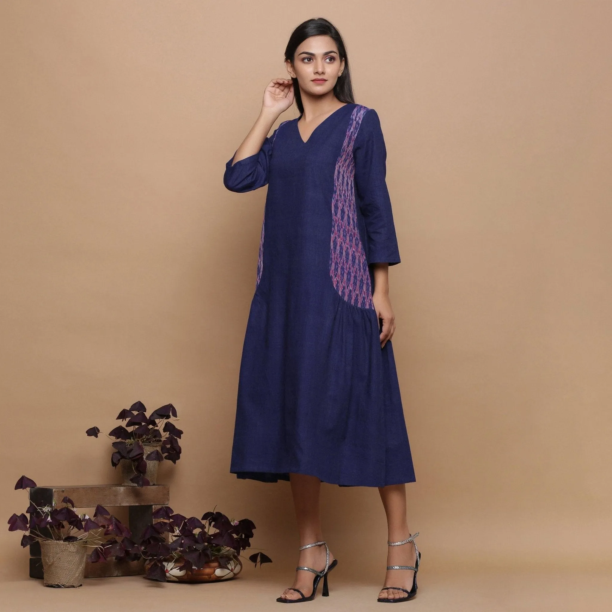 Blue Ikat Cotton Muslin Princess Line Midi Dress