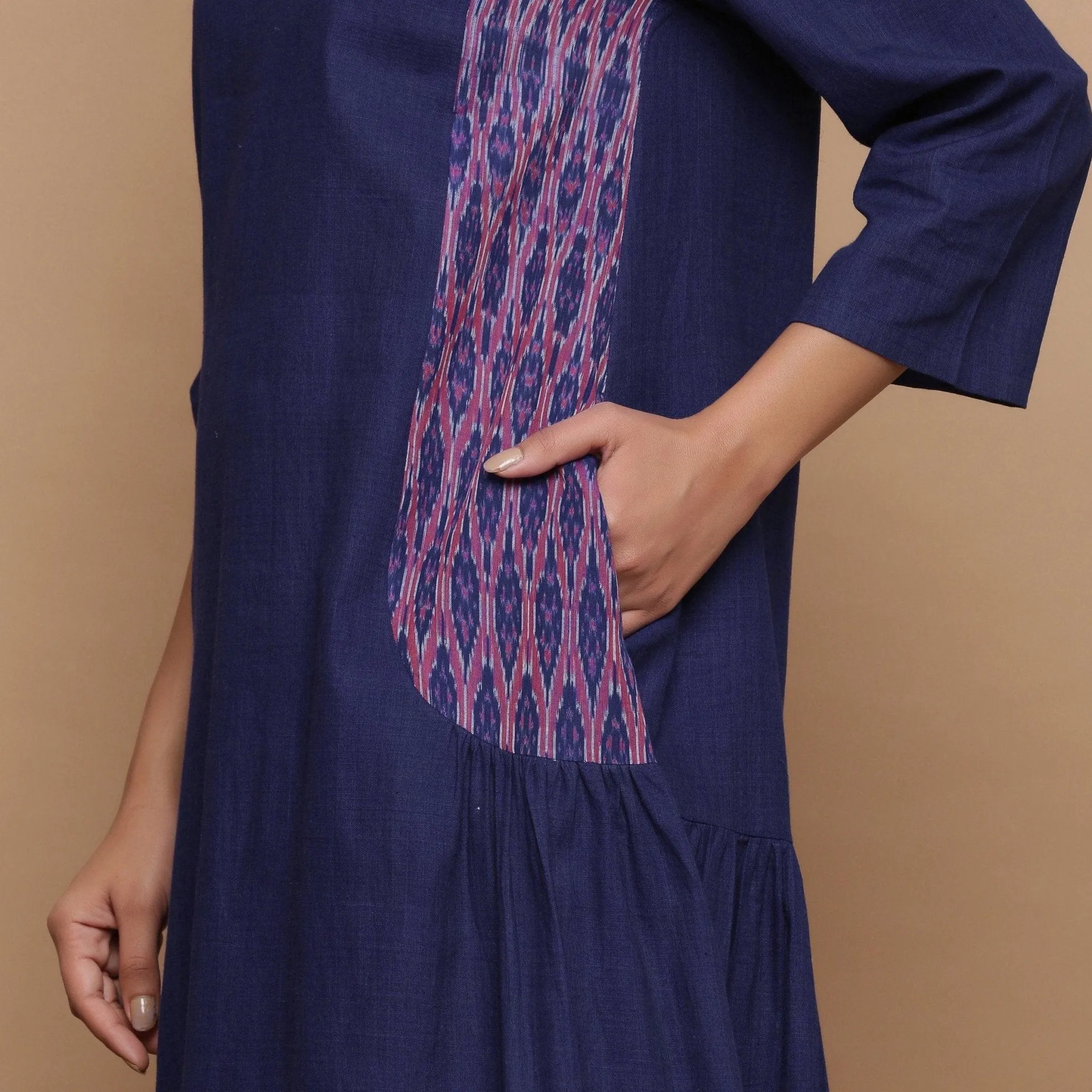 Blue Ikat Cotton Muslin Princess Line Midi Dress