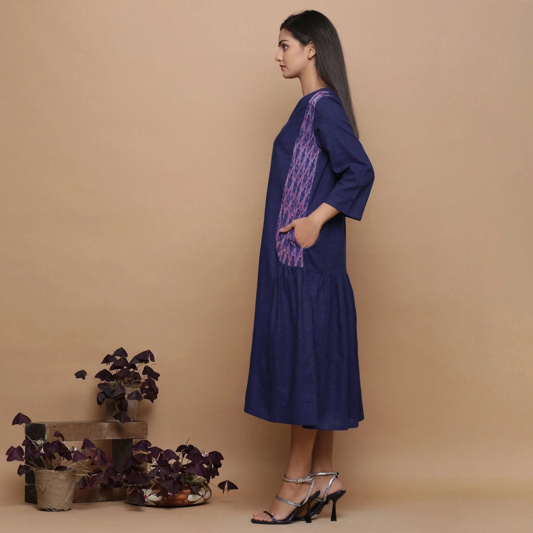 Blue Ikat Cotton Muslin Princess Line Midi Dress