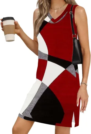 Boho Sundresses for Women 2025 V Neck Aztec Print Knee Length Tank Dress Loose Fit Mini Shift Dress Casual Summer