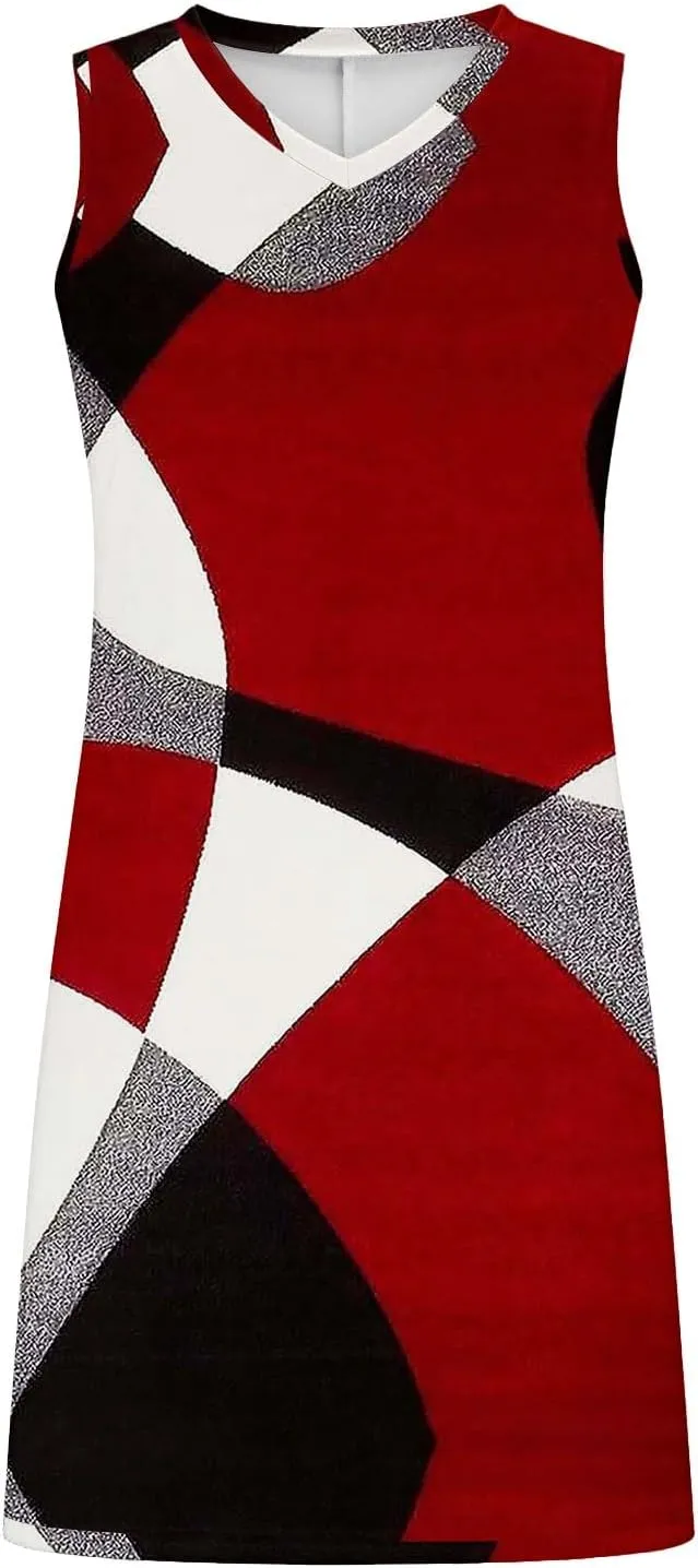 Boho Sundresses for Women 2025 V Neck Aztec Print Knee Length Tank Dress Loose Fit Mini Shift Dress Casual Summer