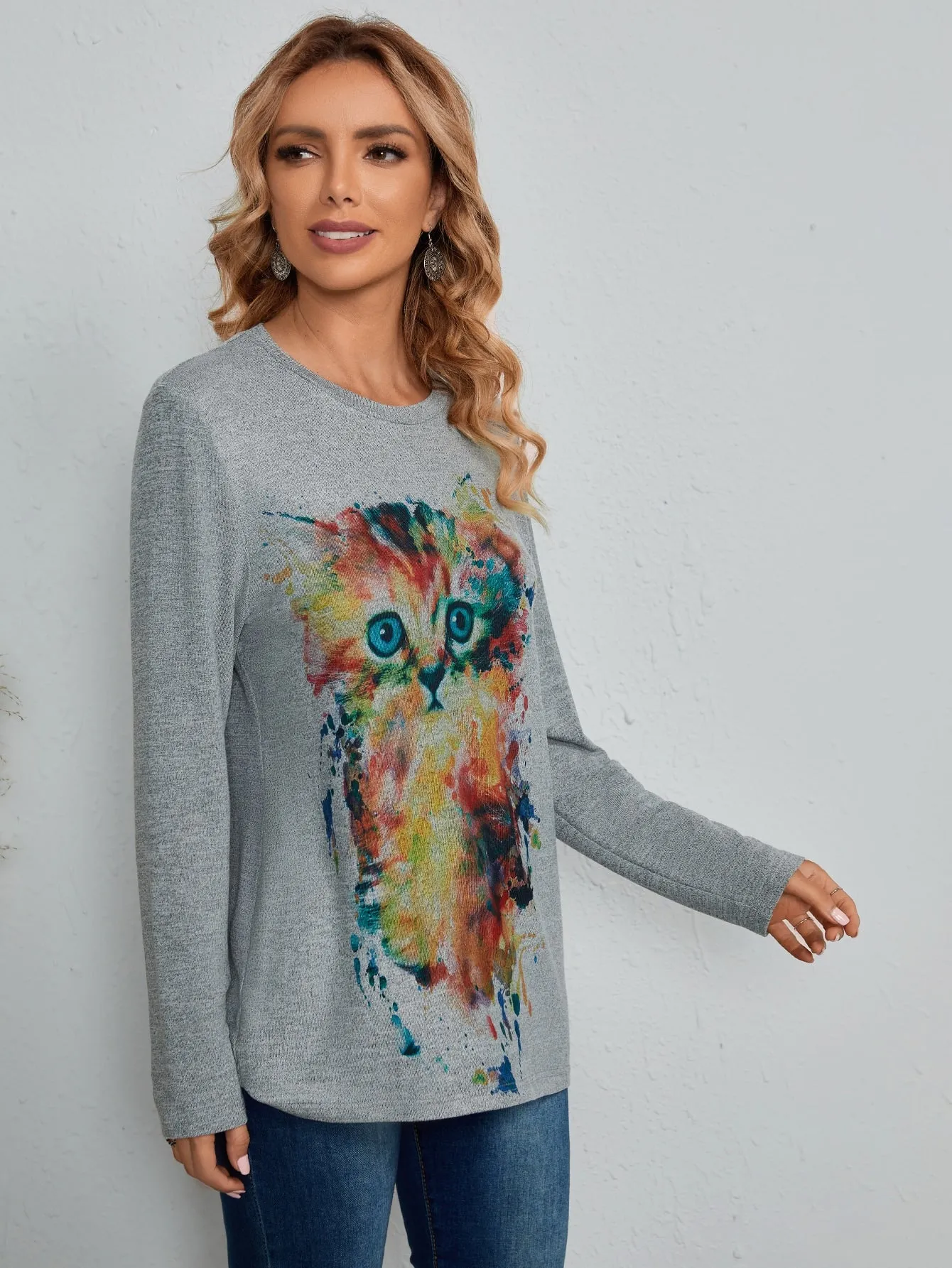 Casual Cartoon Long Sleeve Round Neck Long Women T-Shirt