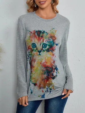 Casual Cartoon Long Sleeve Round Neck Long Women T-Shirt