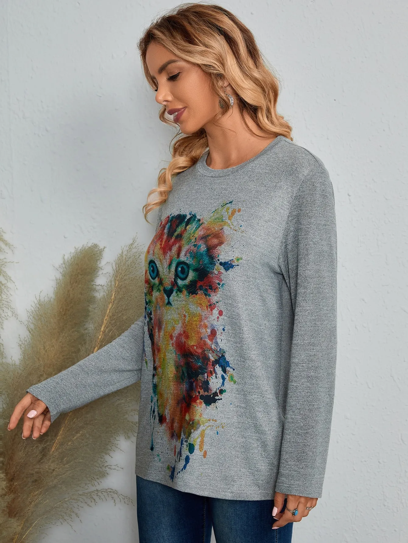Casual Cartoon Long Sleeve Round Neck Long Women T-Shirt