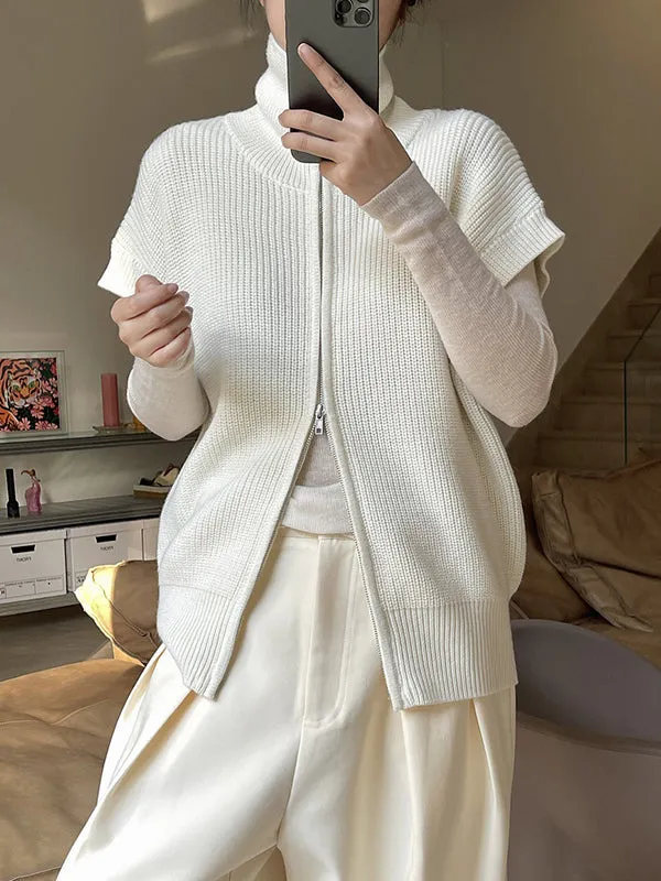 Casual Loose Solid Color Zipper Stand Collar Vest Top