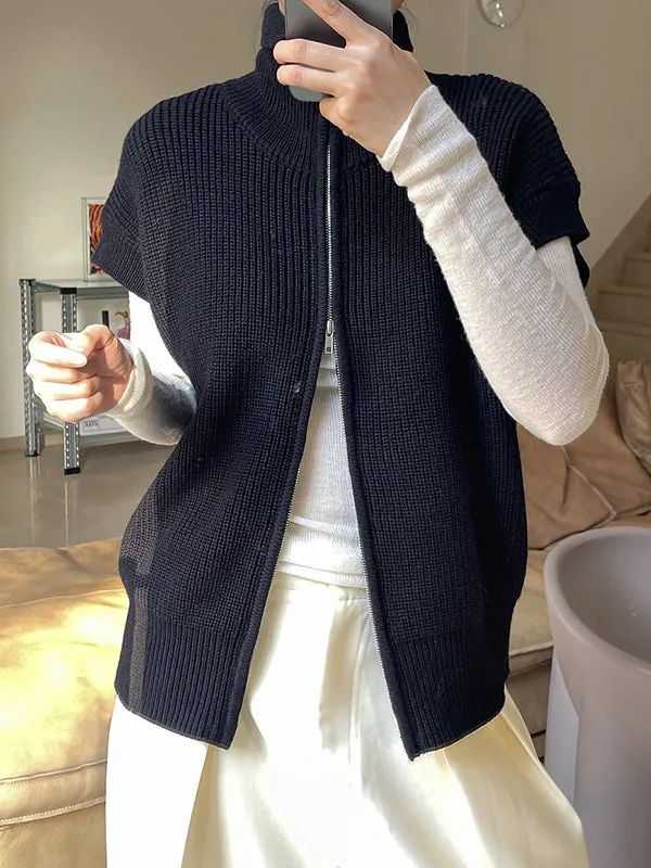 Casual Loose Solid Color Zipper Stand Collar Vest Top