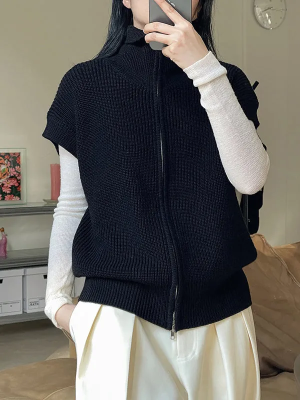 Casual Loose Solid Color Zipper Stand Collar Vest Top