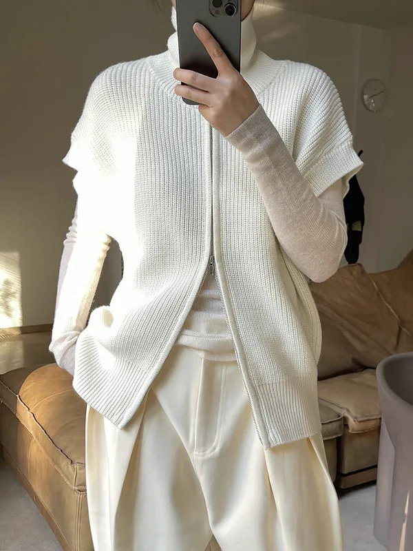 Casual Loose Solid Color Zipper Stand Collar Vest Top