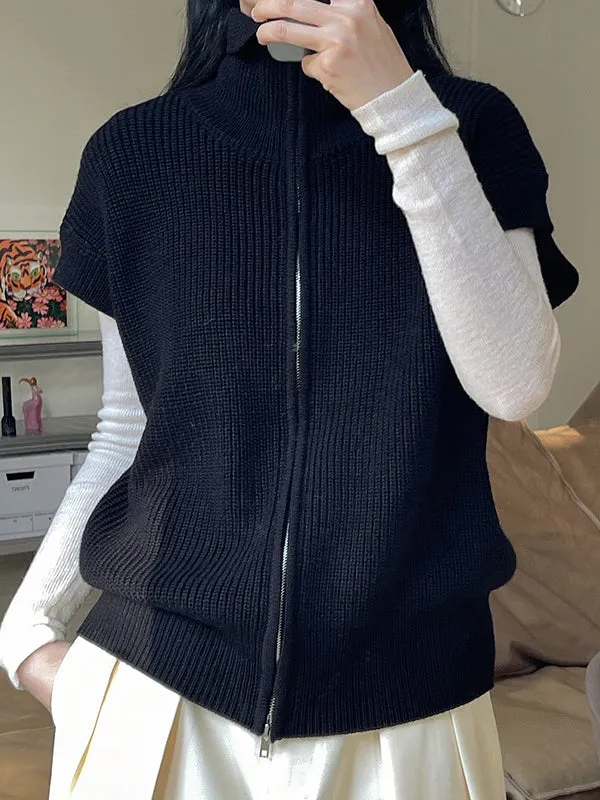 Casual Loose Solid Color Zipper Stand Collar Vest Top
