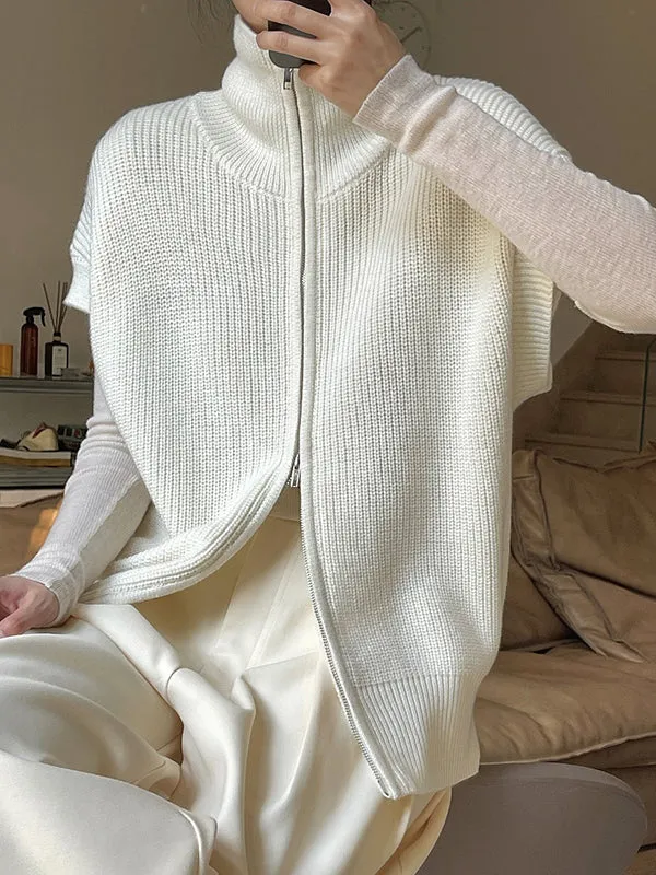 Casual Loose Solid Color Zipper Stand Collar Vest Top
