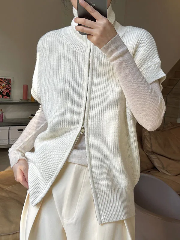Casual Loose Solid Color Zipper Stand Collar Vest Top